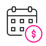 Un icono de calendario con un signo de dólar dentro de un círculo rosa en la parte inferior derecha, que indica planificación financiera o programación de pagos.